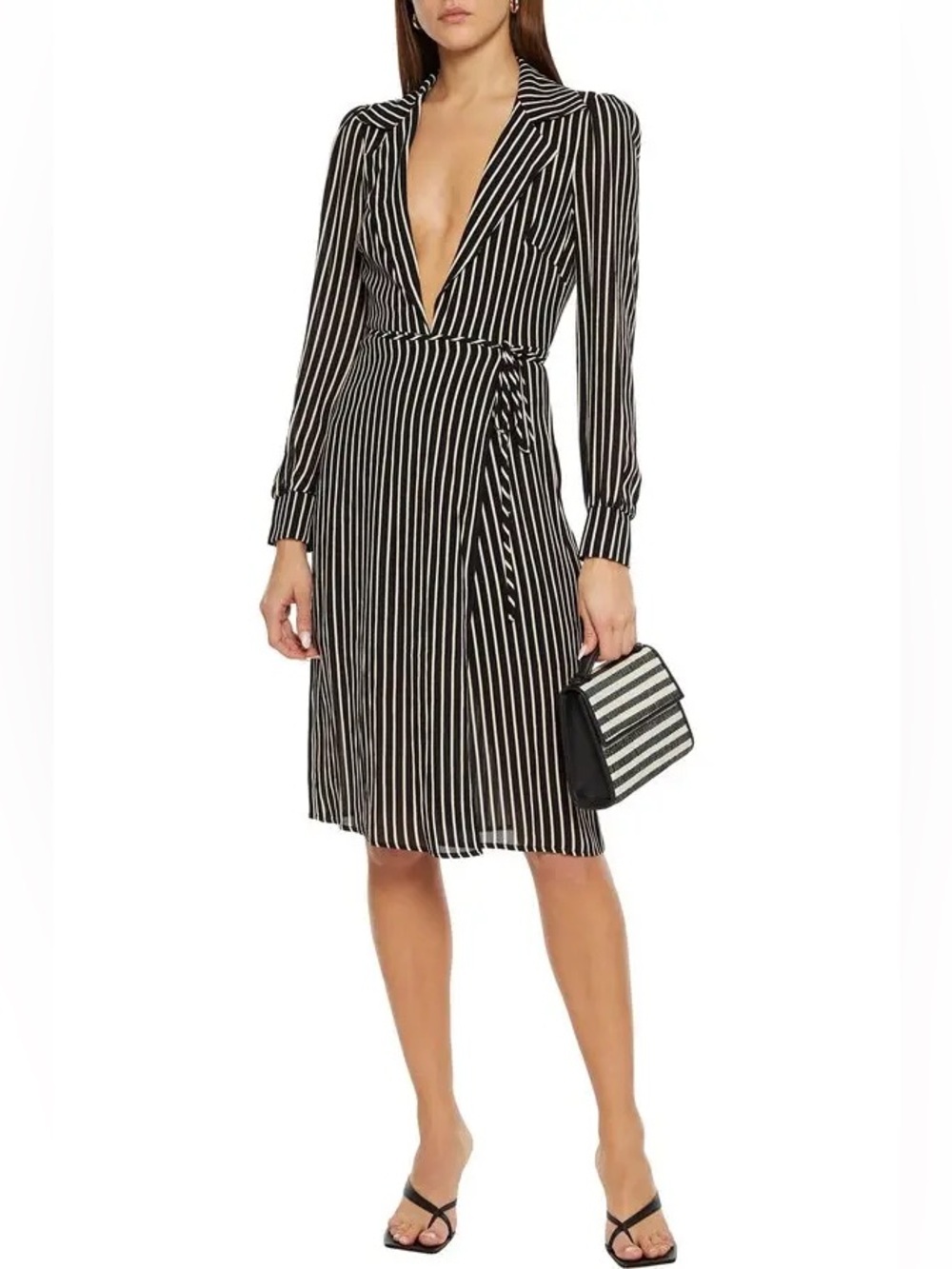 Reformation Salem Striped Crepe Wrap Black & White Shirt Dress Size Small